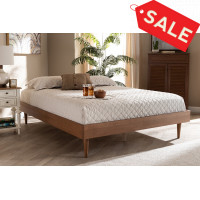 Baxton Studio MG97151-Ash Walnut Rattan-Queen-Frame Rina Mid-Century Modern Ash Wanut Finished Queen Size Wood Bed Frame